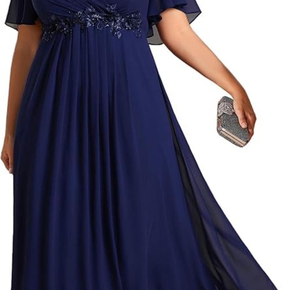 Ever-Pretty Women's V Neck Pleated Plus Size Ruffles Sleeves Tea Length Wedding